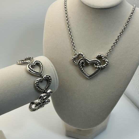 Brighton Jewelry - Brighton Connected By Love Necklace and Bracelet Set Silver Plated Chunky Hearts